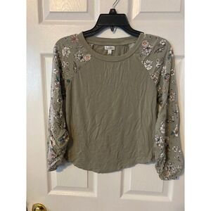 Love Fire Olive Green Floral Raglan Long Sleeve Top Small Crew Neck Boho Tee